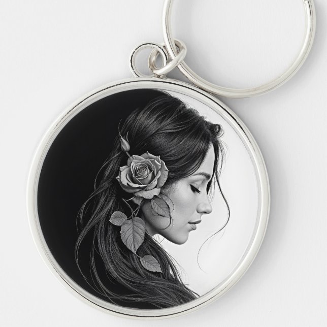 Elegant flicka med blomma i hårmodern bra rund silverfärgad nyckelring (Framsidan)