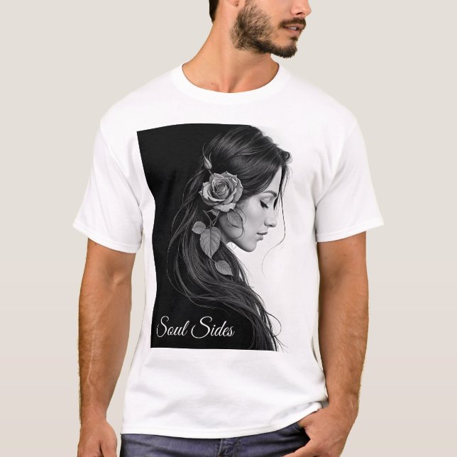 Elegant flicka med blomma i hårmodern bra t shirt (Framsida)