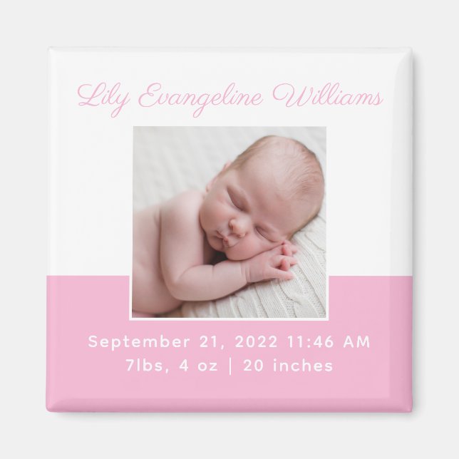 Elegant Flicka Photo Rosa Birth Notice Magnet (Framsidan)