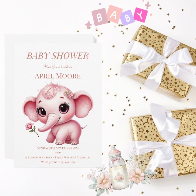 Elegant Flicka Rosa Elephant Baby Shower Inbjudningar (Pink Baby Elephant Baby Shower Invitation)