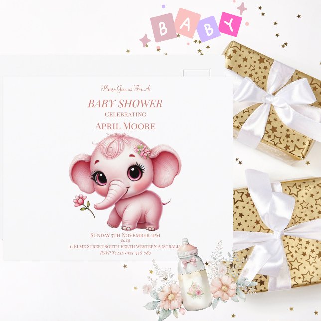 Elegant Flicka Rosa Elephant Baby Shower Vykort (Baby Shower Baby Girl Elephant Invitation Postcard)