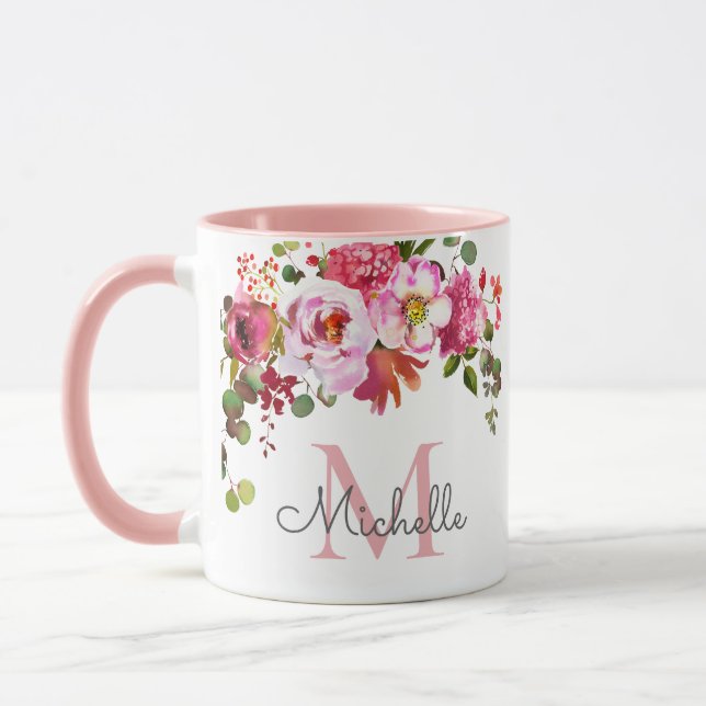 Elegant flickaktig rosa rosblomma initialer monogr mugg (Vänster)