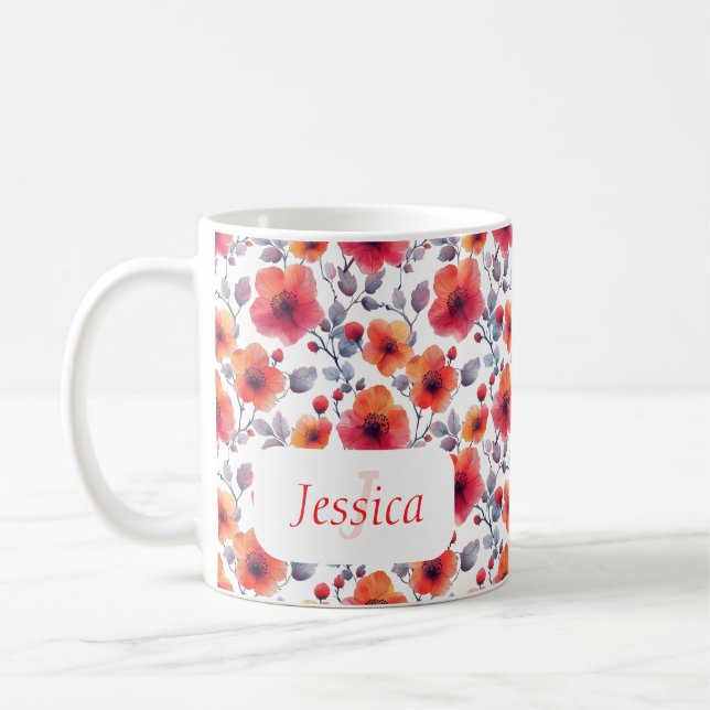 Elegant flickig chic stilren modern röda blommor kaffemugg (Vänster)