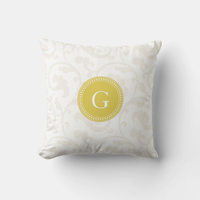 Elegant flickig gul vit blommönster monogram kudde (Framsida)