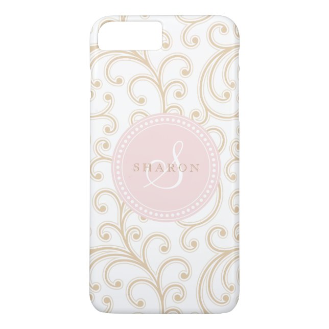 Elegant flickig guld rosa blommönster monogram Case-Mate iPhone skal (Baksida)