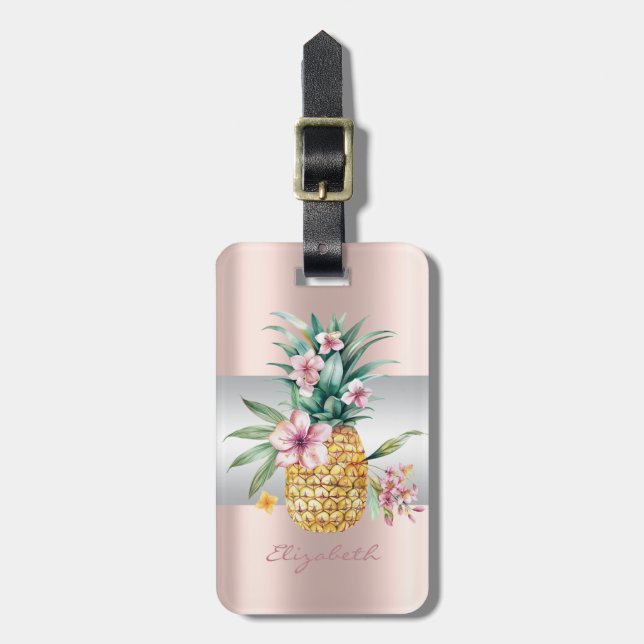 Elegant flickig rand,Blommig Ananas Rose Guld Bagagebricka (Vertikal Framsida)
