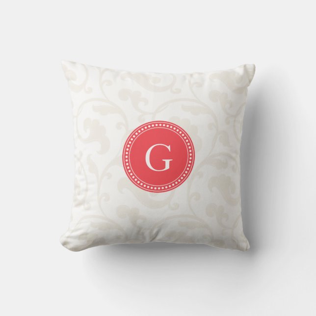 Elegant flickig röd vit blommig mönster monogram kudde (Framsida)
