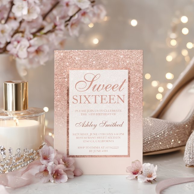 Elegant flickig rosa guld glitter chic Sweet 16 Inbjudningar (Elegant girly rose gold glitter chic Sweet 16 Invitation)