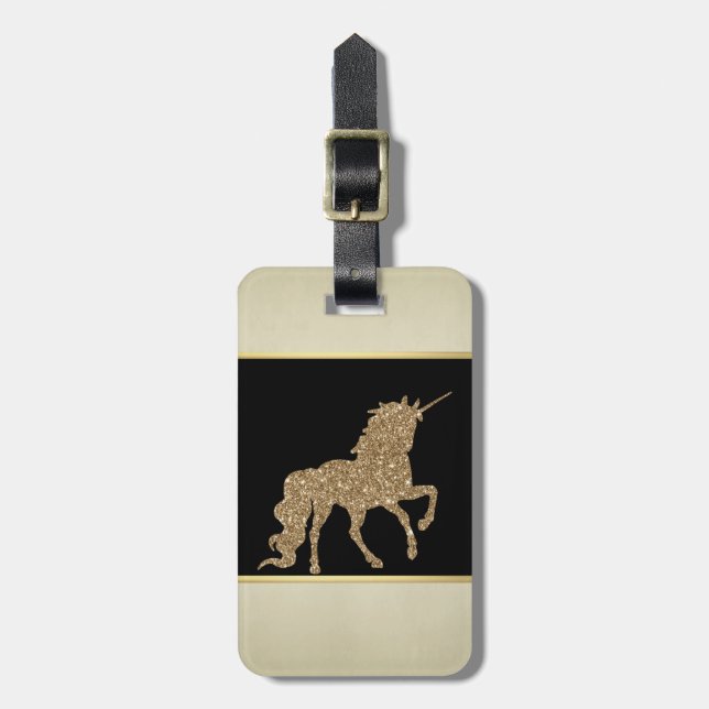 Elegant flickig, svart, kräm, guld glitter enhörni bagagebricka (Vertikal Framsida)