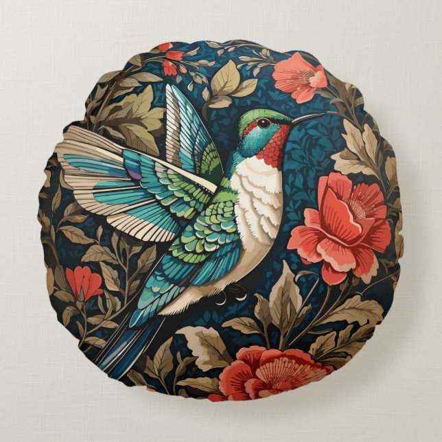 Elegant Flies Hummingbird William Morris Inspired Rund Kudde (Framsidan)