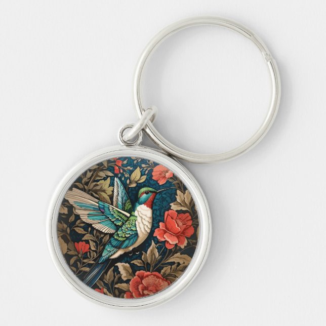 Elegant Flies Hummingbird William Morris Inspired Rund Silverfärgad Nyckelring (Framsidan)