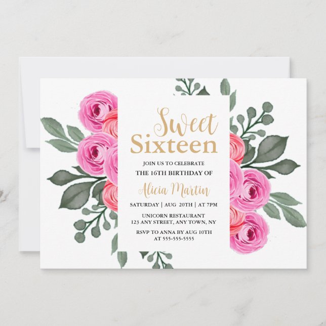 Elegant Flora Dusty Rosa ros Guld Sweet 16 Inbjudningar (Framsida)