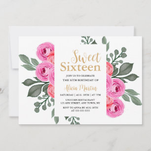 Elegant Flora Dusty Rosa ros Guld Sweet 16 Inbjudningar