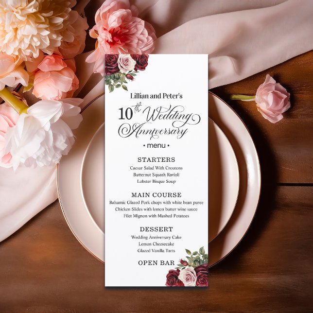 Elegant Floral 10th Wedding Anniversary Meny (Skapare uppladdad)
