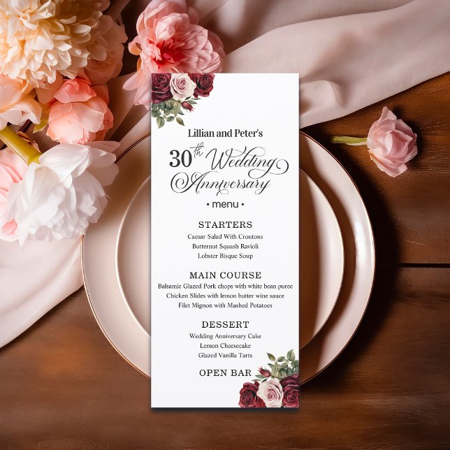Elegant Floral 30th Wedding Anniversary Meny (Skapare uppladdad)