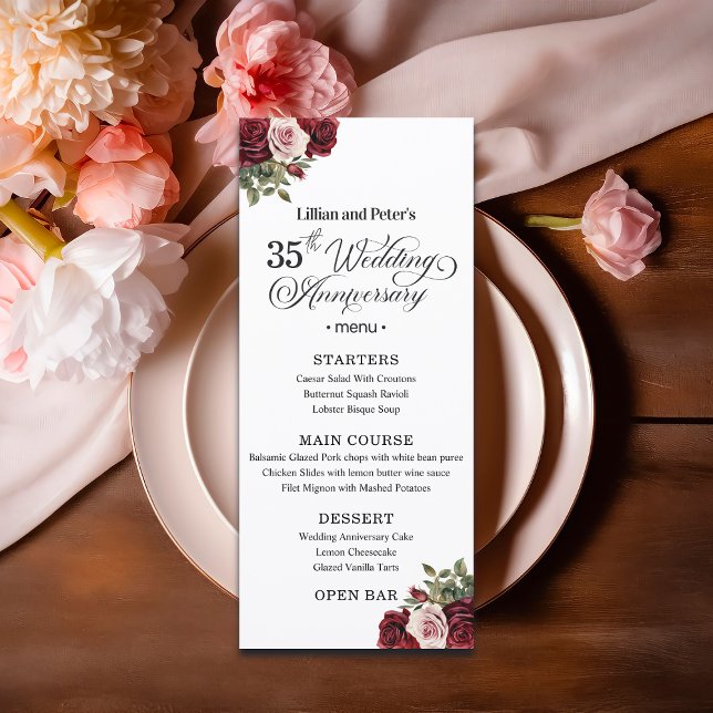 Elegant Floral 35th Wedding Anniversary Meny (Skapare uppladdad)