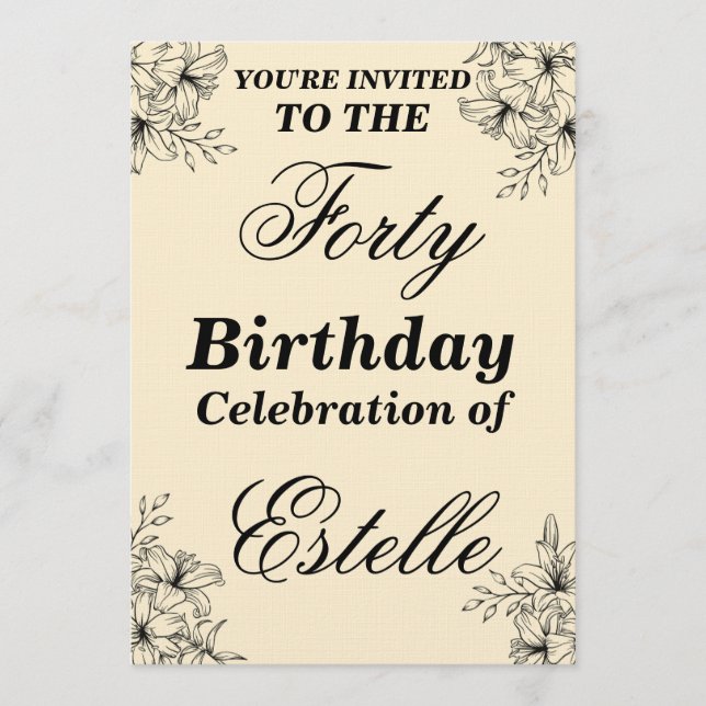 Elegant Floral 40th Birthday Invitation Template Inbjudningar (Framsida)