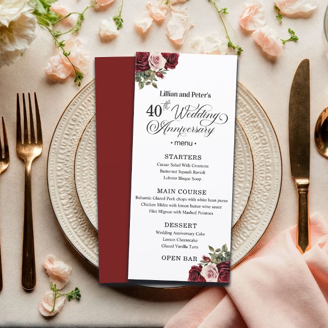 Elegant Floral 40th Wedding Anniversary Meny (Skapare uppladdad)