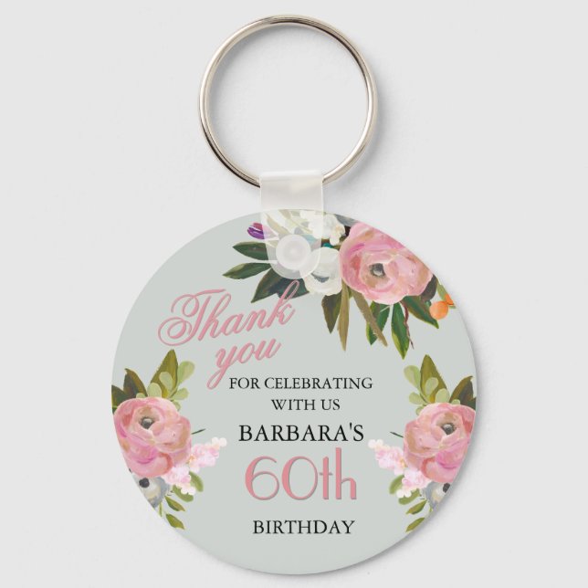 Elegant Floral 60th Birthday Party Favor Nyckelring (Framsida)
