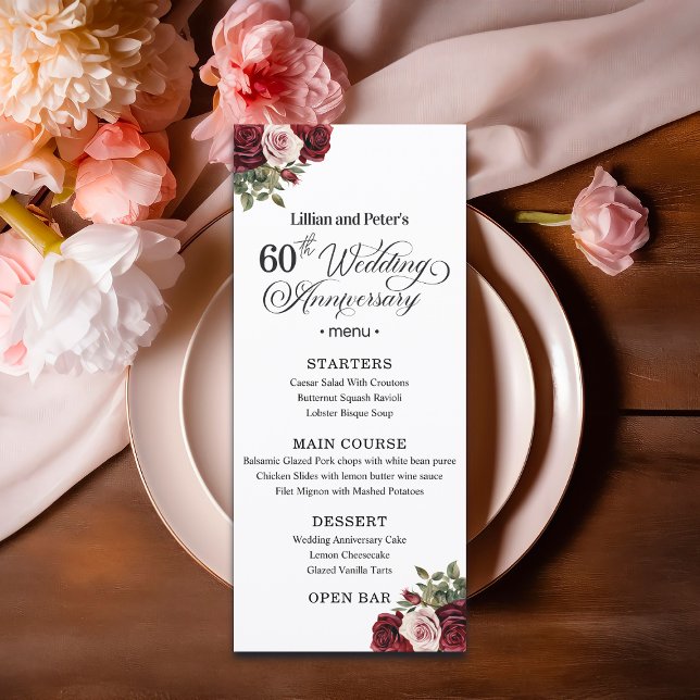 Elegant Floral 60th Wedding Anniversary Meny (Skapare uppladdad)