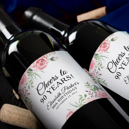 Elegant floral 90th birthday party vinflaska etikett