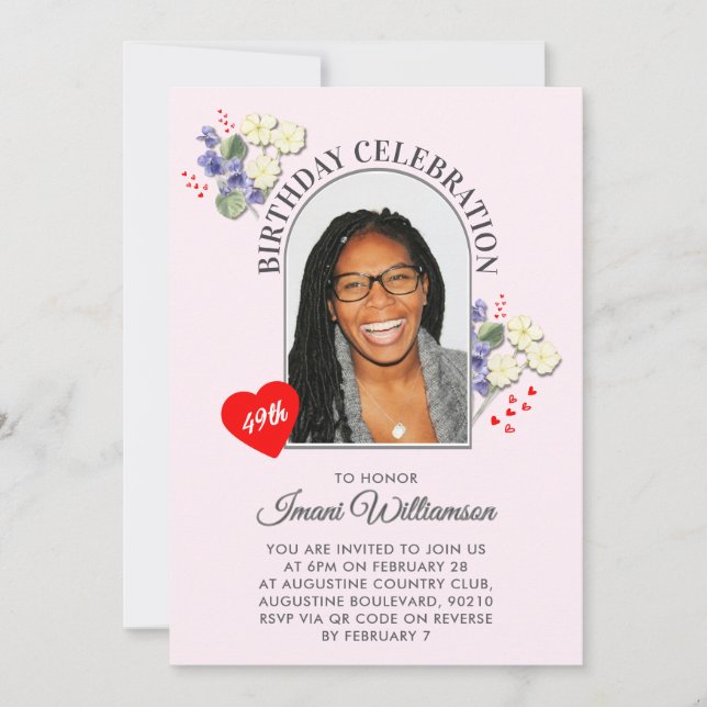 Elegant Floral ANY AGE Photo Birthday Invitation Inbjudningar (Framsida)