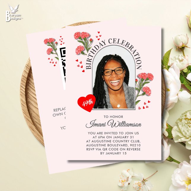 Elegant Floral ANY AGE Photo JANUARY Birthday  Inbjudningar (JANUARY birth month flower birthday invitation with customizable photo and text)