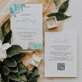 Elegant Floral Aqua Silver QR Code Wedding Inbjudningar