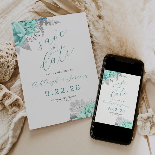 Elegant Floral Aqua Silver Save the Date Inbjudningar (Skapare uppladdad)