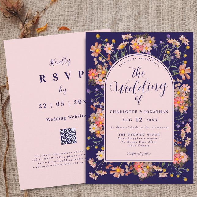 Elegant Floral Arch Navy Blue Blush Pink Wedding Inbjudningar (Elegant Wildflower watercolor floral arch navy blue blush pink Wedding qr code invitation)