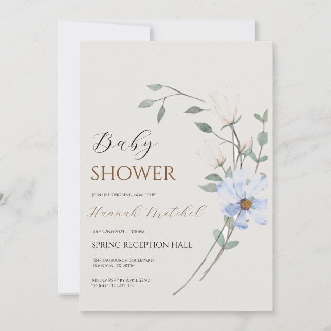 Elegant Floral Baby Shower Invitation Customizable Inbjudningar (Framsida)