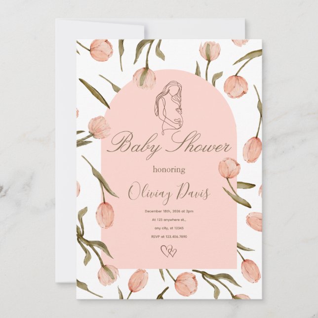Elegant Floral Baby Shower Invitation – Pink Tulip (Framsida)