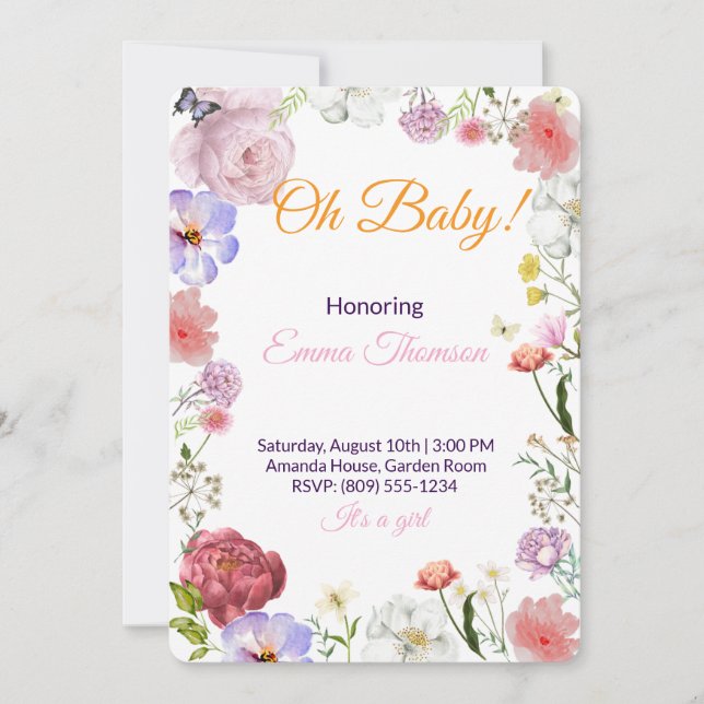Elegant Floral Baby Shower Invitation – Watercolor Inbjudningar (Framsida)