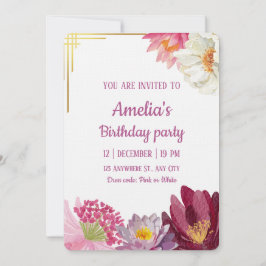 Elegant Floral Birthday Invitation with Gold Frame Inbjudningar