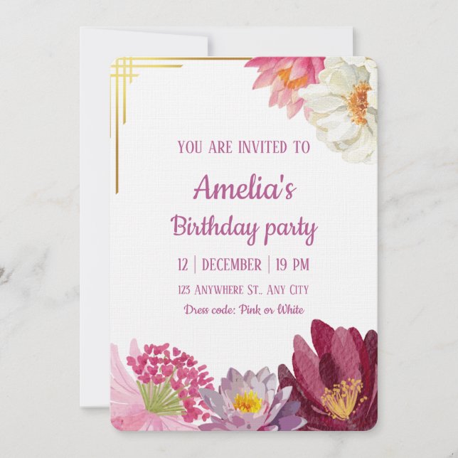 Elegant Floral Birthday Invitation with Gold Frame Inbjudningar (Framsida)