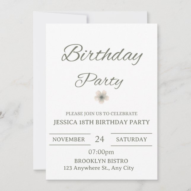 Elegant Floral Birthday Party Invitation – Minimal Inbjudningar (Framsida)
