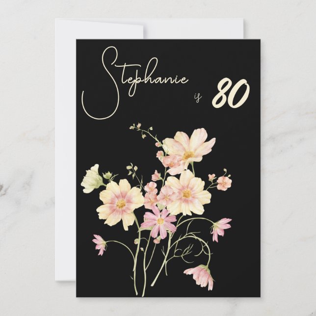 Elegant Floral Black  80th Birthday Rose Gold Foil Inbjudningar (Framsida)