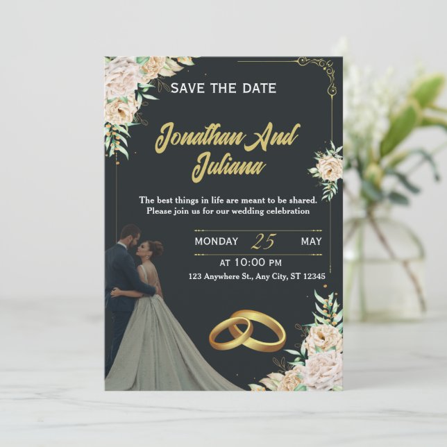 Elegant Floral Black Gold Custom Wedding Invite  Inbjudningar (Stående Fram)