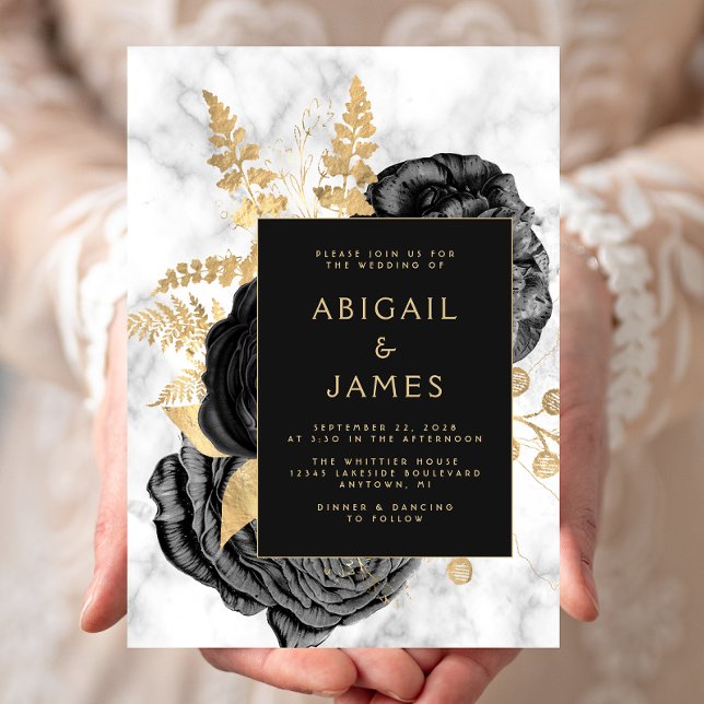 Elegant Floral Black Gold Gray Marble Wedding Inbjudningar (Skapare uppladdad)