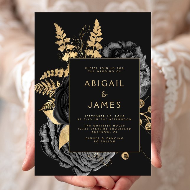 Elegant Floral Black Gold Wedding Inbjudningar (Skapare uppladdad)
