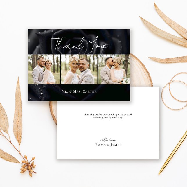 Elegant Floral Black Midnight Rose Wedding Photo Tack Kort (Skapare uppladdad)