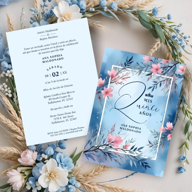 Elegant Floral Blue & Pink Romantic Frame XV's Inbjudningar (Elegant Floral Blue & Pink Romantic Frame Mis XV Años Invitations Cards in Spanish.)