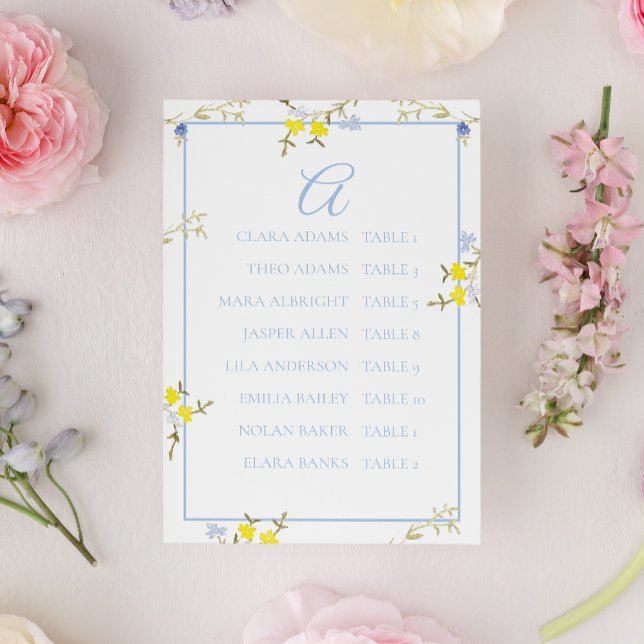 Elegant Floral Blue & Yellow Wedding Seating Card Bordsnummer (Skapare uppladdad)