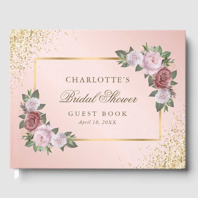 Elegant Floral Blush Pink Gold Bridal Shower Gästböcker (Framsida)