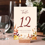 Elegant Floral Boho Fall in Love Wedding Bordsnummer<br><div class="desc">Add a romantic and stylish touch to your reception décor with the Modern Elegant Boho Floral Fall in Love Wedding Table Number. Designed to complement warm autumn celebrations and bohemian wedding themes, this table number features beautiful floral accents inspired by fall colors and natural botanical elements. The modern layout paired...</div>