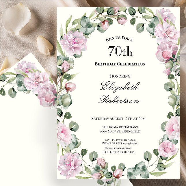Elegant Floral Border Pink 70th Birthday Custom Inbjudningar (Skapare uppladdad)