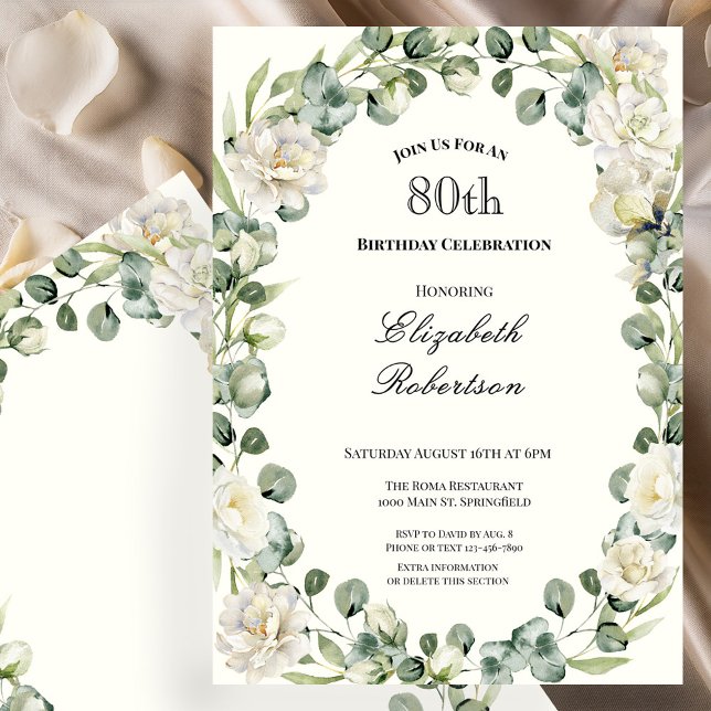Elegant Floral Border Women's 80th Birthday  Inbjudningar (Skapare uppladdad)