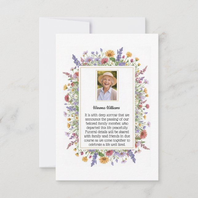 Elegant Floral Bordered Death Announcement Meddelande (Framsida)