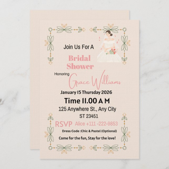 Elegant Floral Bridal Shower Invitation | Customiz Inbjudningar (Fram/baksida)