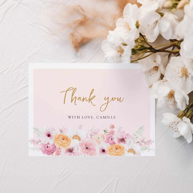 Elegant Floral Bröllopsfest Tack Kort (Pink floral Bridal Shower Thank you card with message)